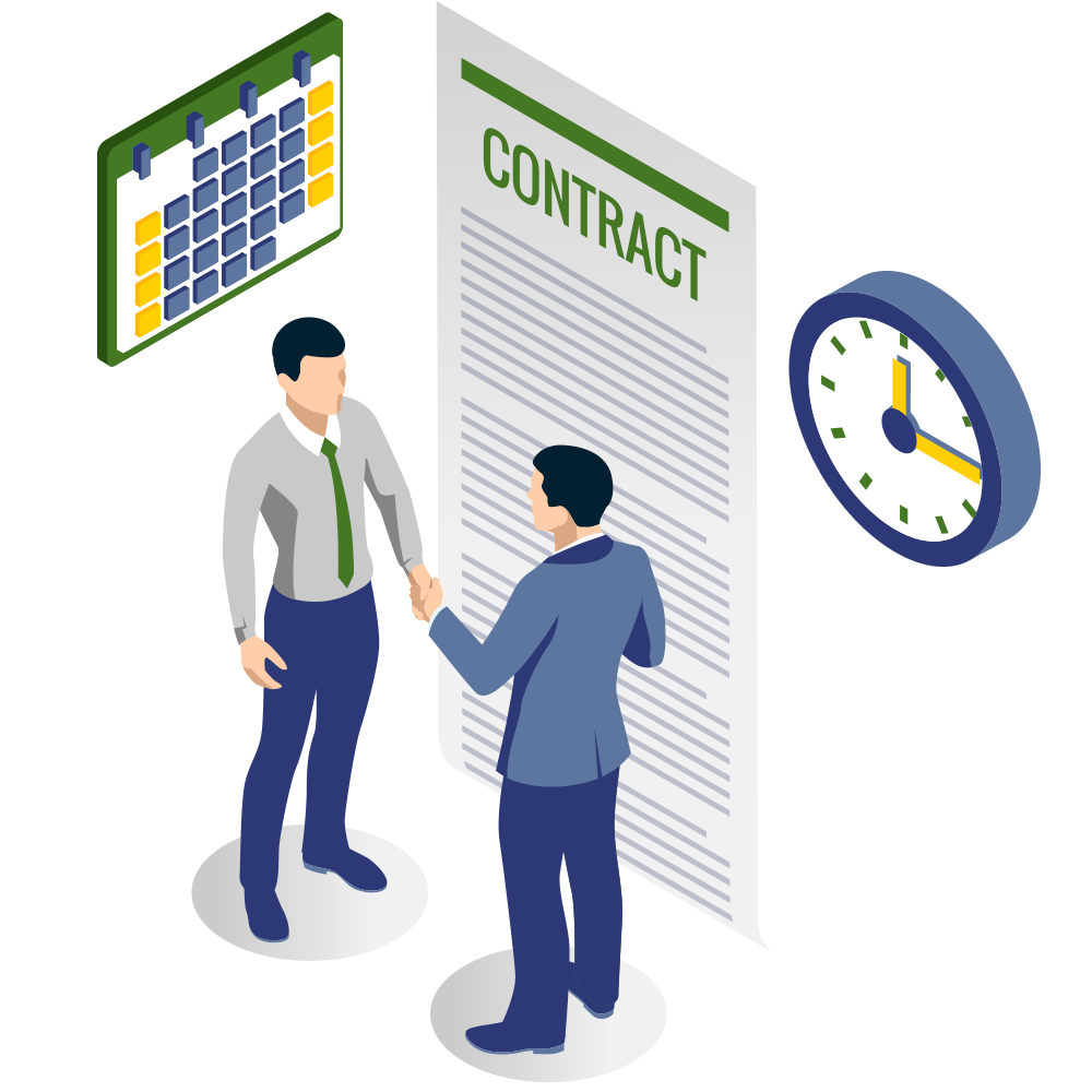 Icon of 2 people shaking hands near a contract, a clock, a celandar