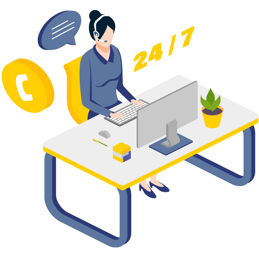 Icon of a person sitting at a desk on a computer with 24/7 near by