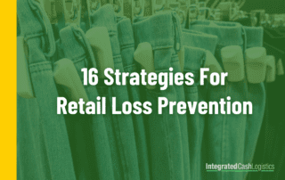 Green overlay on image of jeans with security tags showing. Title reads "16 strategies for retail loss prevention."