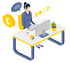 Icon of a person sitting at a desk on a computer with 24/7 near by