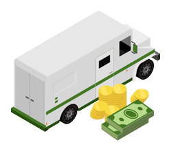 Icon of an armored truck with cash sitting near by