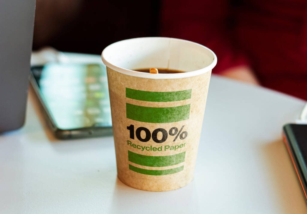 a sustainable coffee cup at a restaurant
